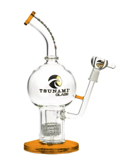 11" Tsunami Concentrate Rig Showerhead Globe Water Pipe - Clear Amber