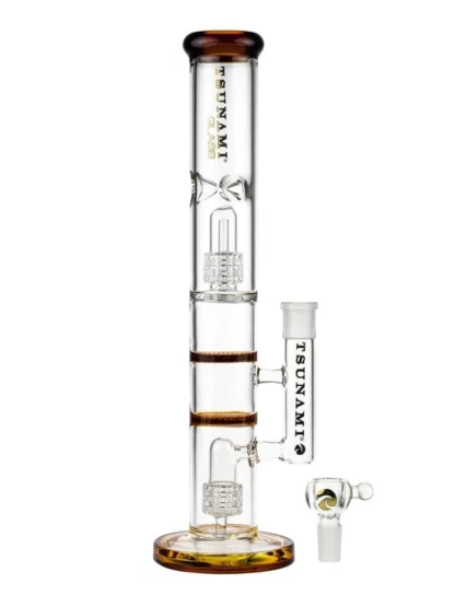 16" Tsunami Dual Domed Metrix Dual Honey Comb Perc Water Pipe - Amber
