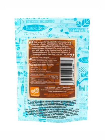 The Betterleaf Elephant White Thai Kratom Capsules 35pcs Back