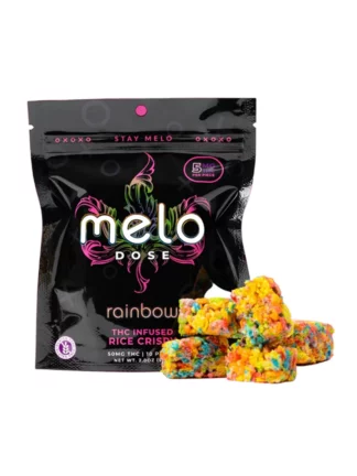 Indulge in Melo Dose Rainbow Delta-9 THC Infused Rice Crispy, each piece containing 5mg THC. Elevate your snacking experience with a burst of colorful bliss!