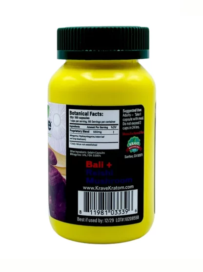 Bali + Reishi Mushroom Krave Botanicals Kratom Capsules 100ctv Back
