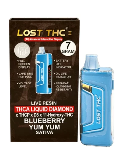 Blueberry Yum Yum Lost THC V3 Live Resin Liquid Diamond Disposable 7G