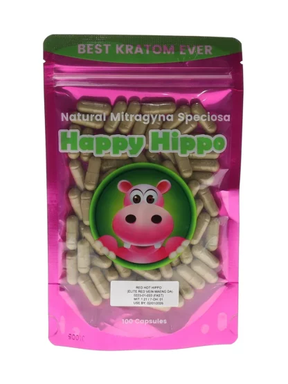 Happy Hippo Red Hot Hippo Elite Red Vein Maeng Da Kratom Capsules 100ct
